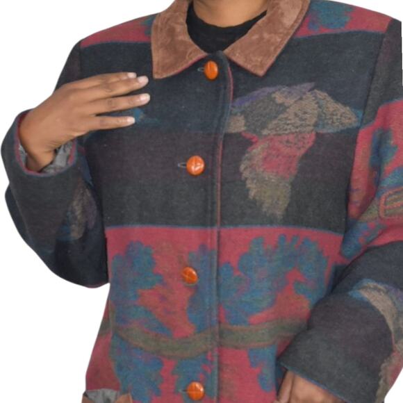 VINTAGE Flytime Tapestry Mallard Coat Italy Wool Duck Foliage Oversized Medium - Picture 16 of 16